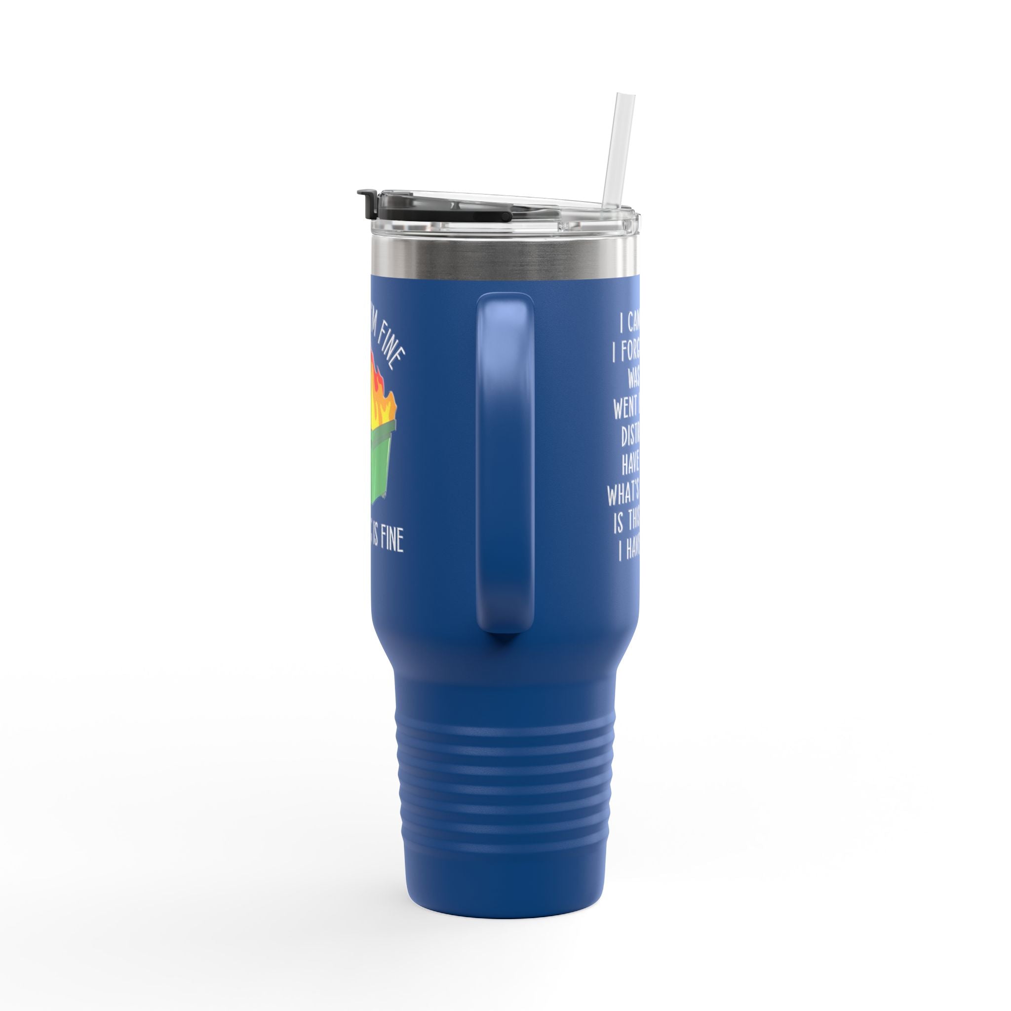 40oz Insulated Travel Mug — Cute Dumpster Fire Design (Funny Kawaii Hot Mess Tumbler)