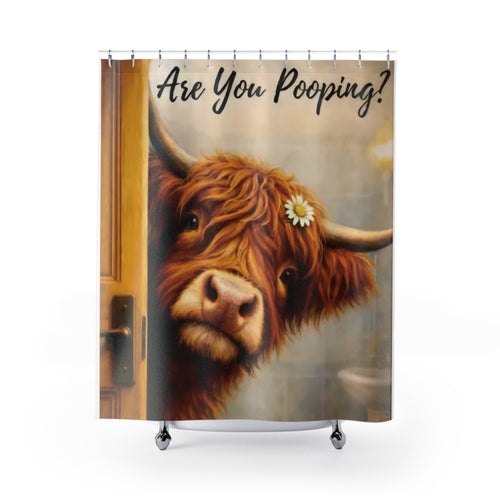 Are You Pooping? Highland Cow Shower Curtain - Funny Farm Animal Bathroom Décor