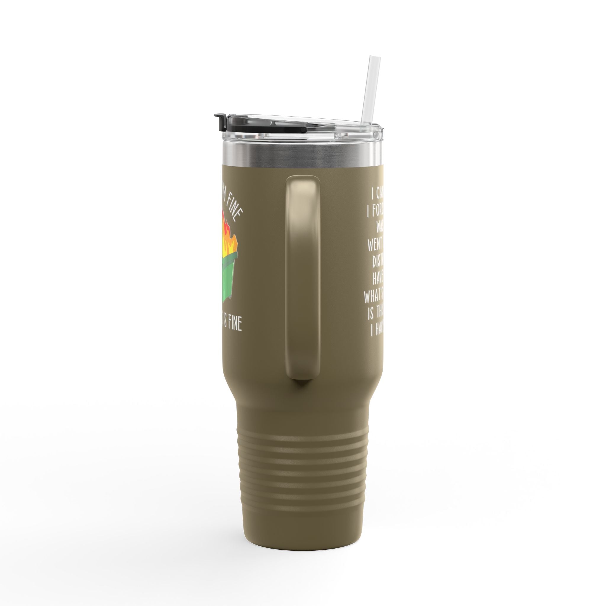 40oz Insulated Travel Mug — Cute Dumpster Fire Design (Funny Kawaii Hot Mess Tumbler)