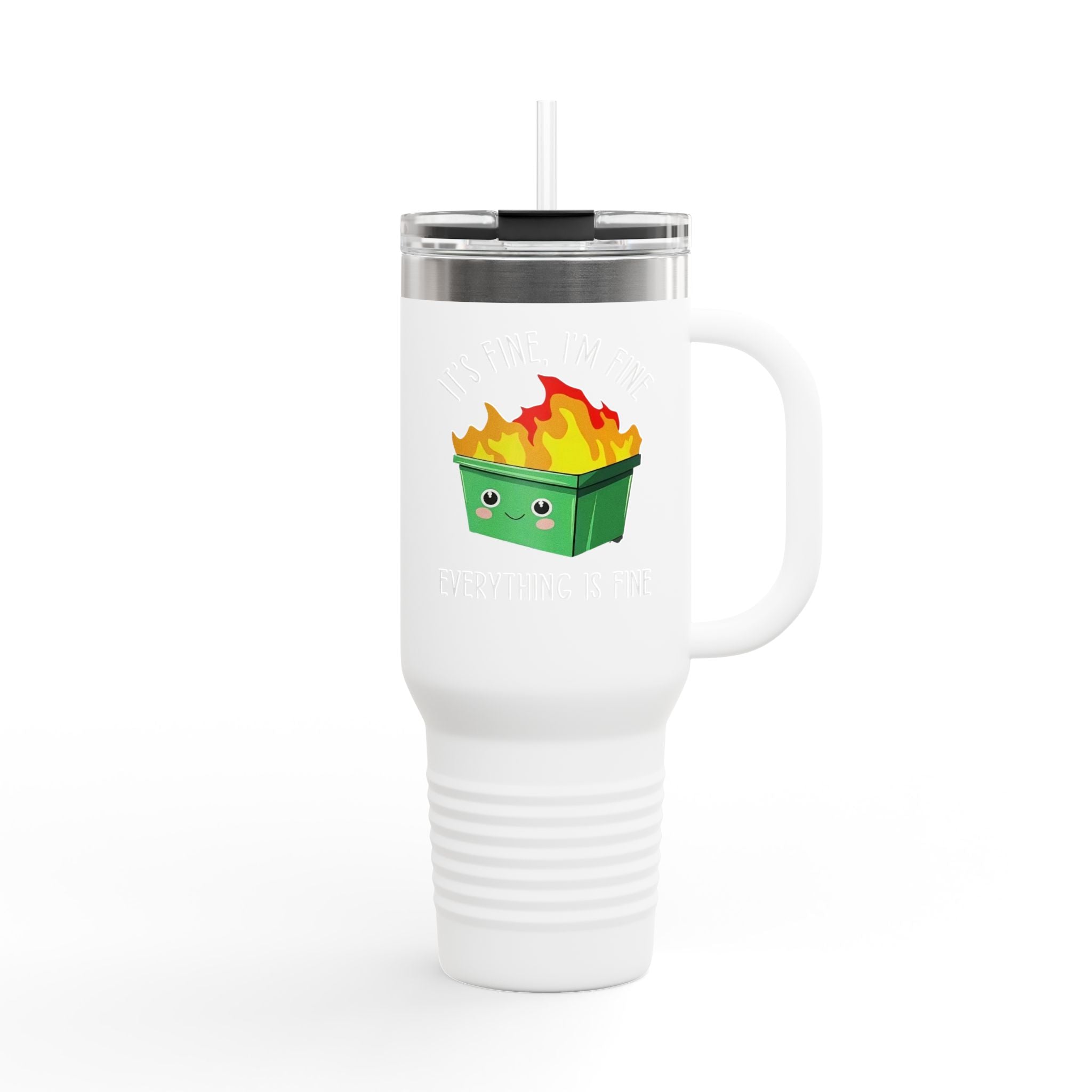 40oz Insulated Travel Mug — Cute Dumpster Fire Design (Funny Kawaii Hot Mess Tumbler)