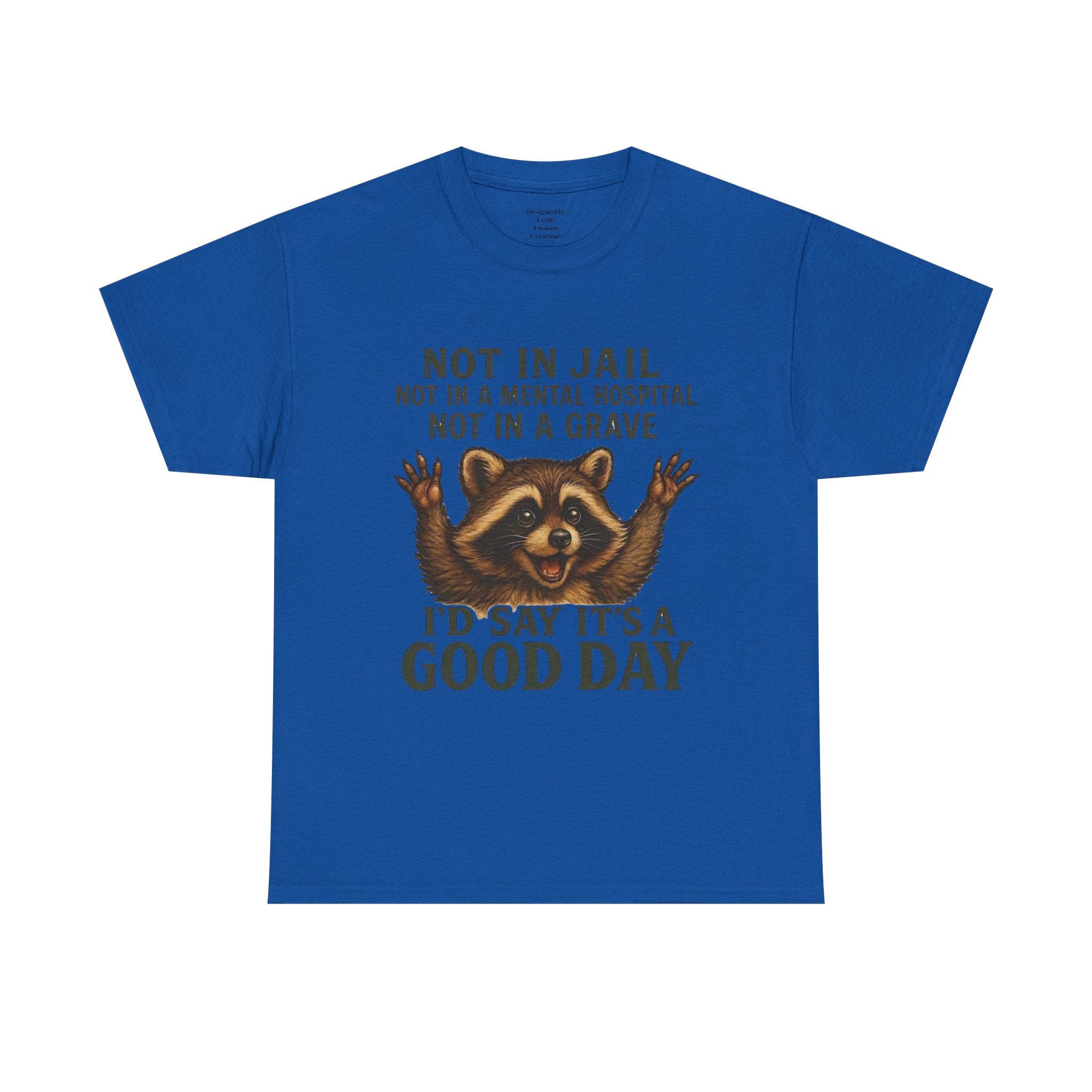 Good Day Raccoon T-Shirt — "Not in Jail... I'd Say It's a Good Day" Graphic Tee