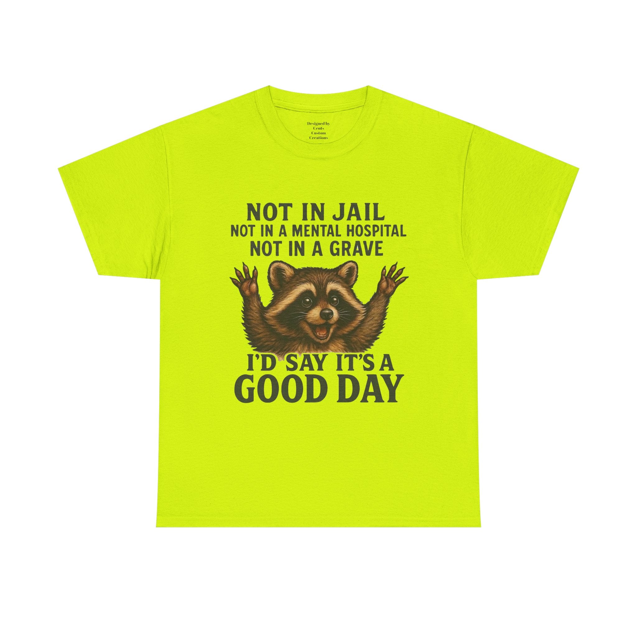 Good Day Raccoon T-Shirt — "Not in Jail... I'd Say It's a Good Day" Graphic Tee