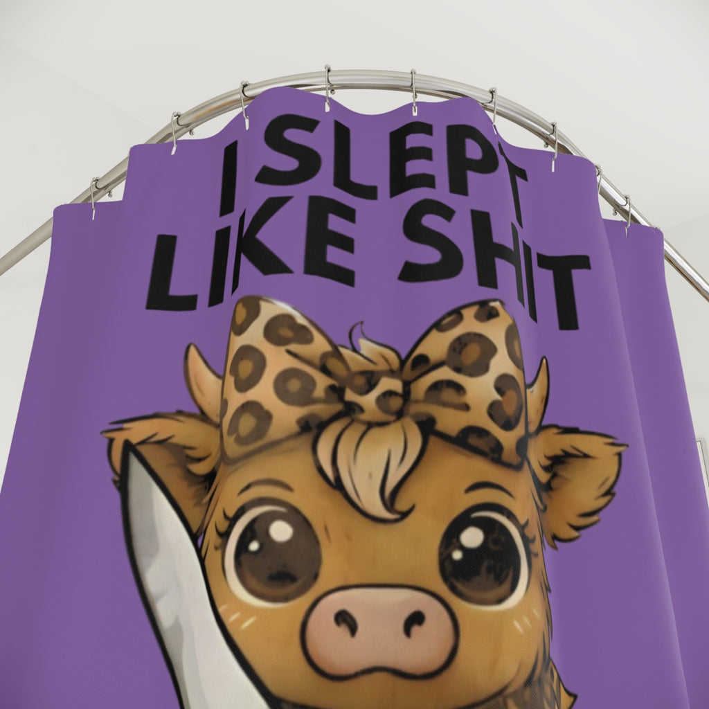 Funny Purple Shower Curtain — "I Slept Like Shit So Today I Will Be Choosing Violence" with Cute Knife Cow Design
