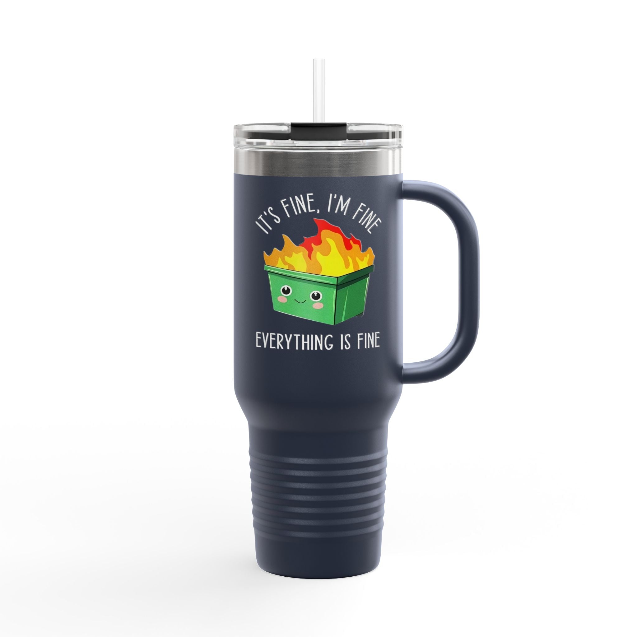 40oz Insulated Travel Mug — Cute Dumpster Fire Design (Funny Kawaii Hot Mess Tumbler)