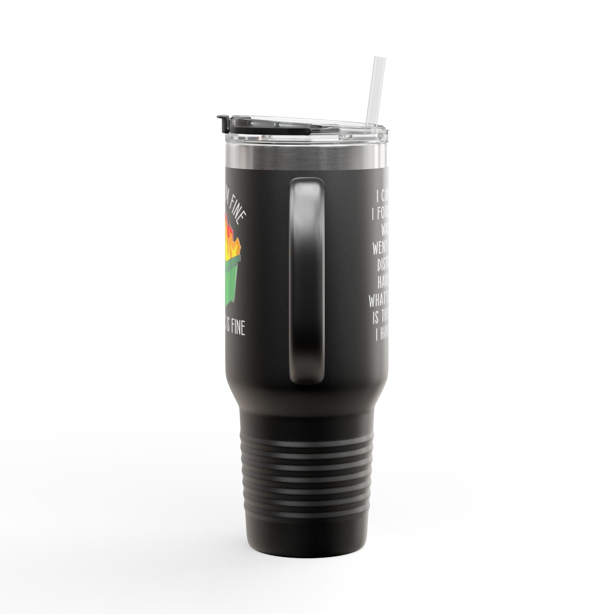 40oz Insulated Travel Mug — Cute Dumpster Fire Design (Funny Kawaii Hot Mess Tumbler)