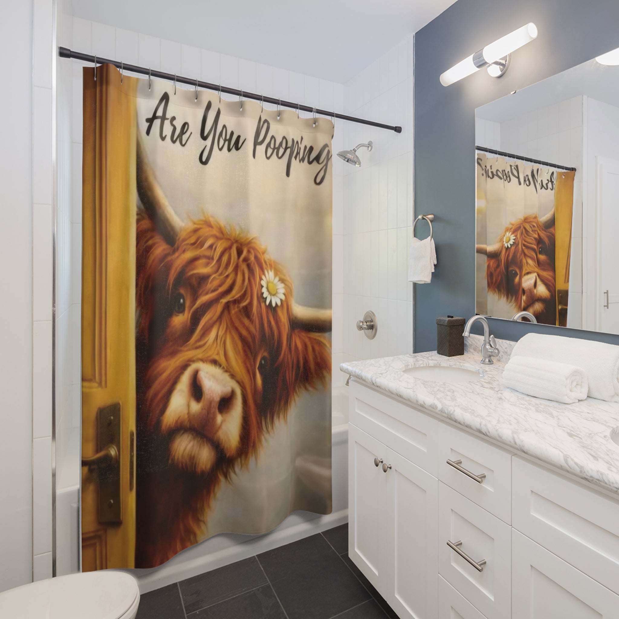 Are You Pooping? Highland Cow Shower Curtain - Funny Farm Animal Bathroom Décor