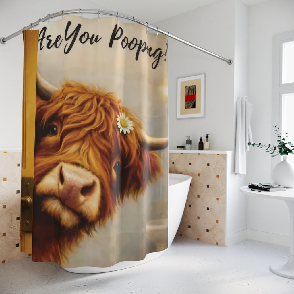 Are You Pooping? Highland Cow Shower Curtain - Funny Farm Animal Bathroom Décor