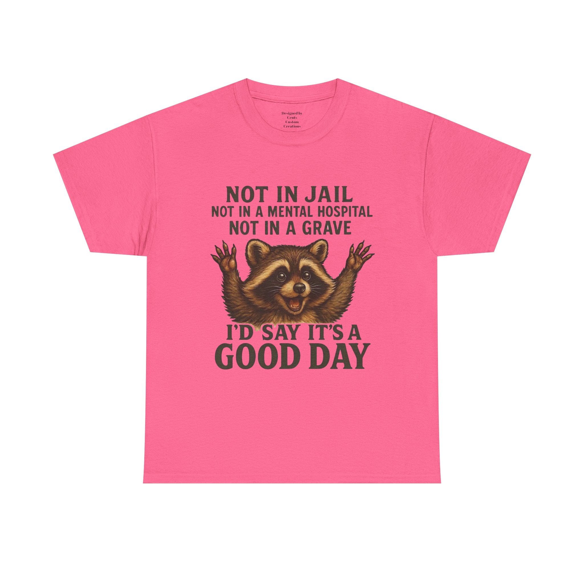 Good Day Raccoon T-Shirt — "Not in Jail... I'd Say It's a Good Day" Graphic Tee