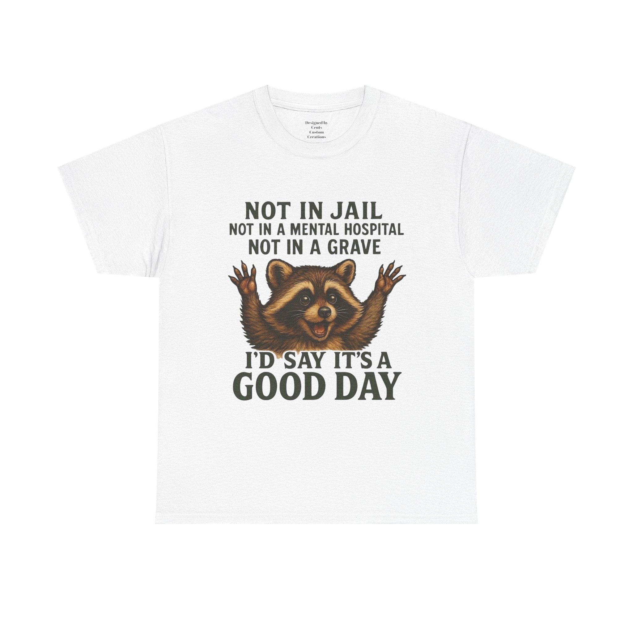 Good Day Raccoon T-Shirt — "Not in Jail... I'd Say It's a Good Day" Graphic Tee