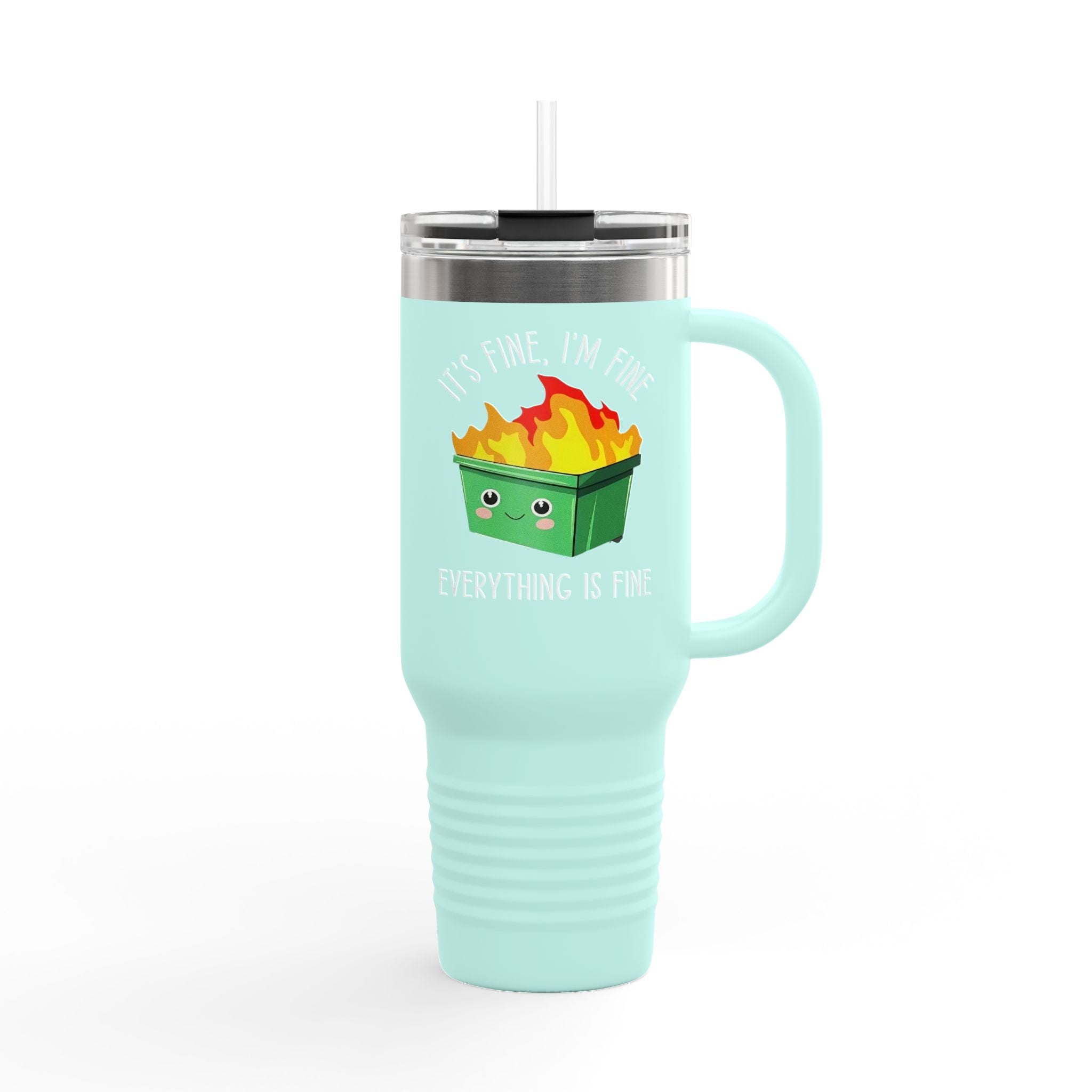 40oz Insulated Travel Mug — Cute Dumpster Fire Design (Funny Kawaii Hot Mess Tumbler)