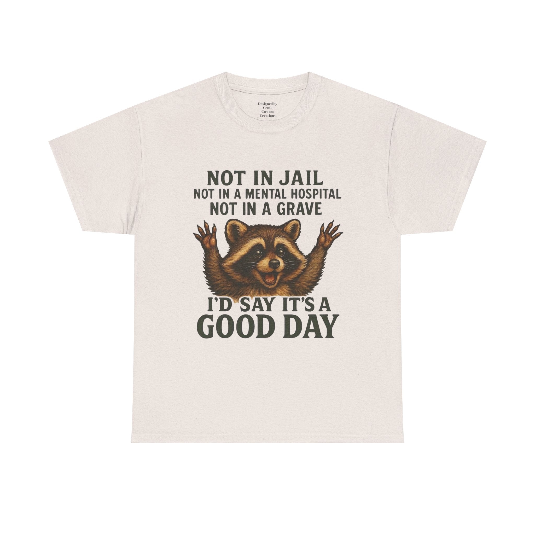 Good Day Raccoon T-Shirt — "Not in Jail... I'd Say It's a Good Day" Graphic Tee