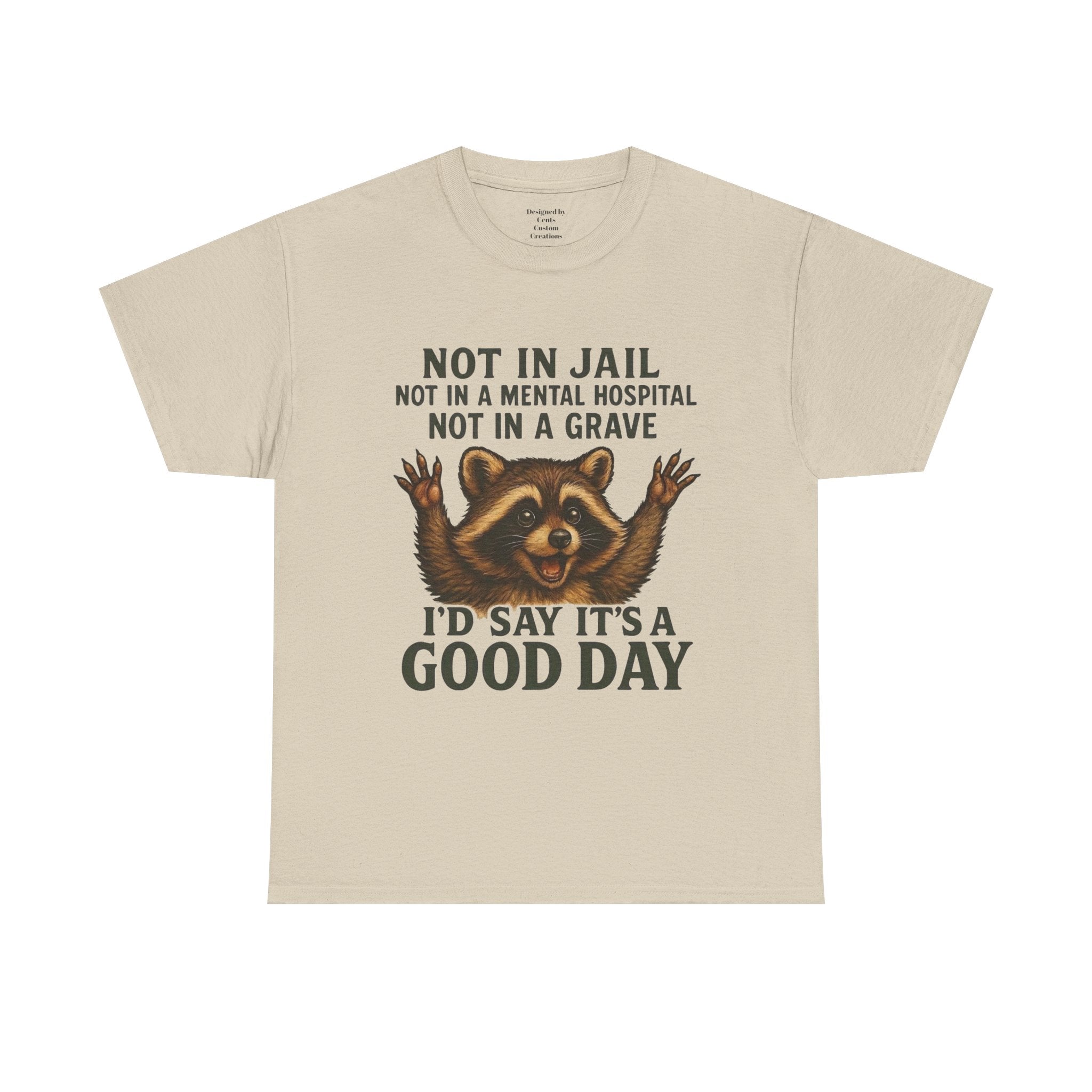 Good Day Raccoon T-Shirt — "Not in Jail... I'd Say It's a Good Day" Graphic Tee