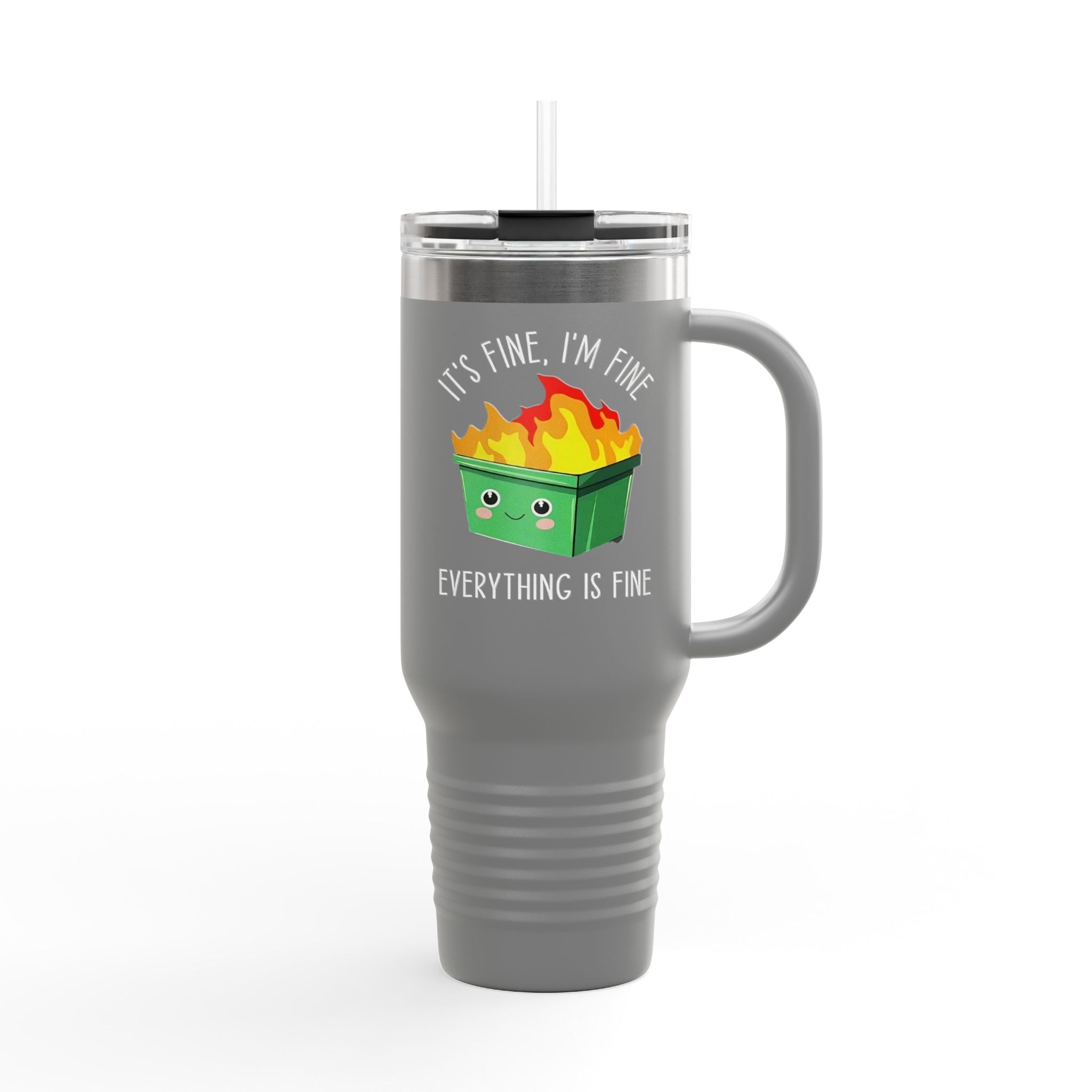 40oz Insulated Travel Mug — Cute Dumpster Fire Design (Funny Kawaii Hot Mess Tumbler)
