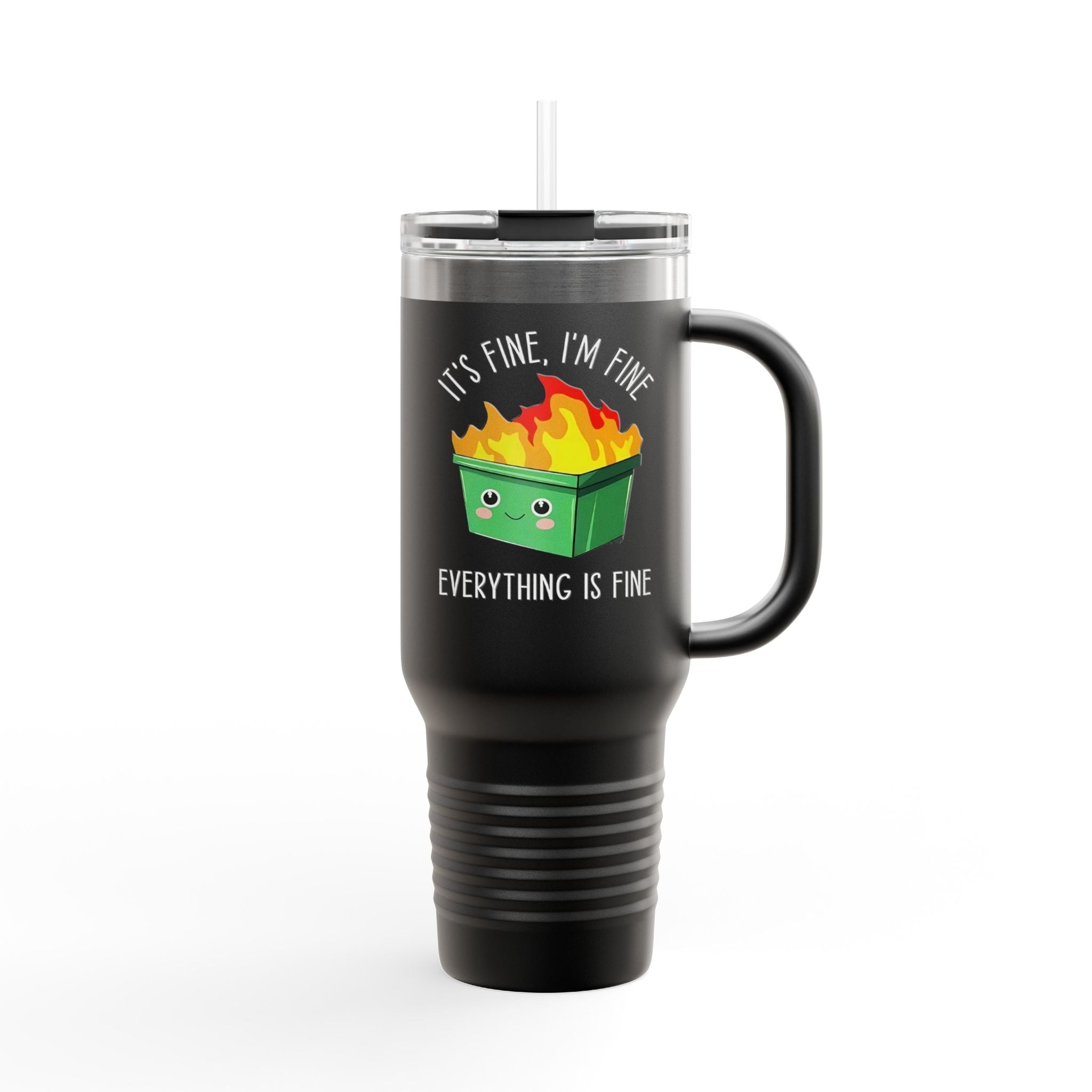 40oz Insulated Travel Mug — Cute Dumpster Fire Design (Funny Kawaii Hot Mess Tumbler)