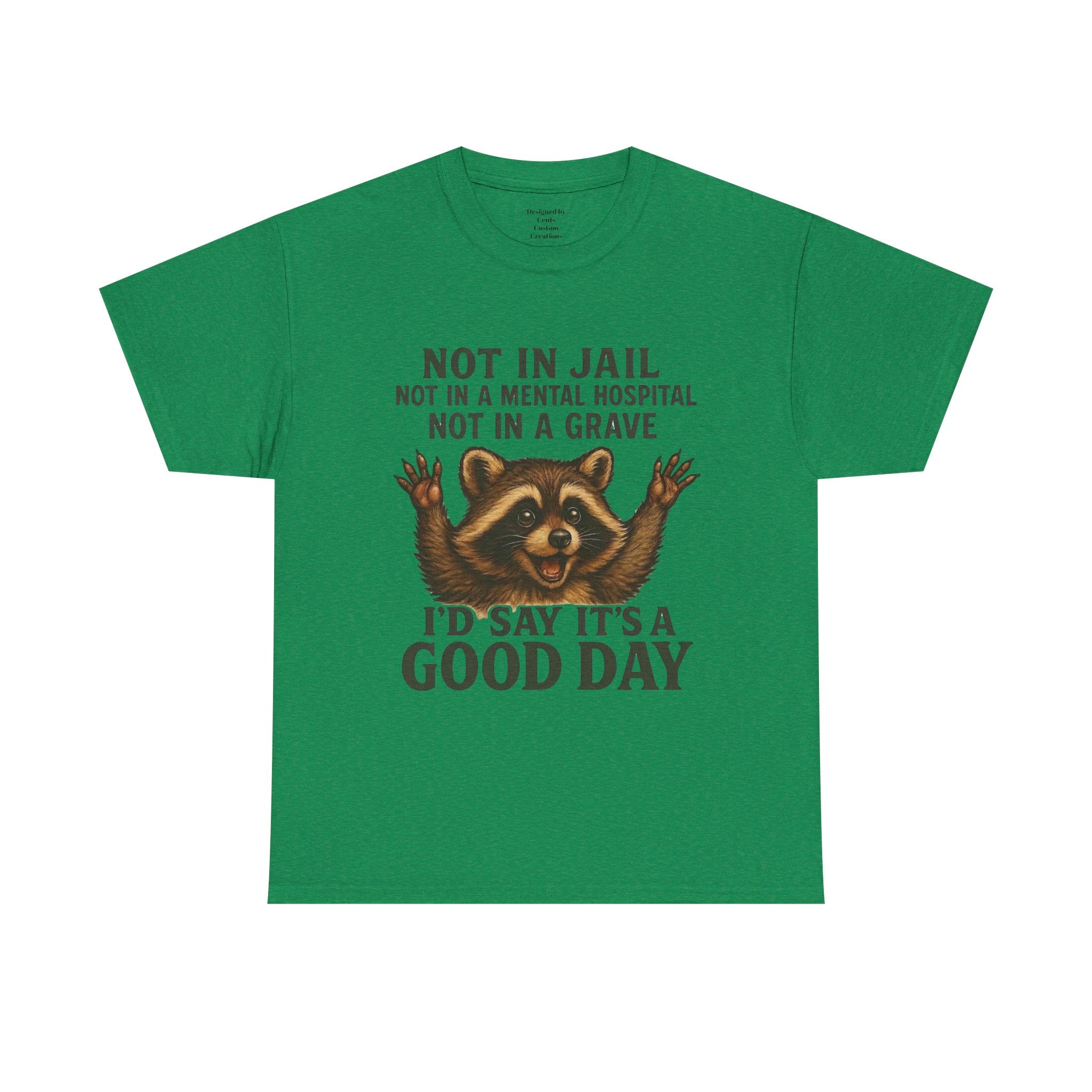 Good Day Raccoon T-Shirt — "Not in Jail... I'd Say It's a Good Day" Graphic Tee