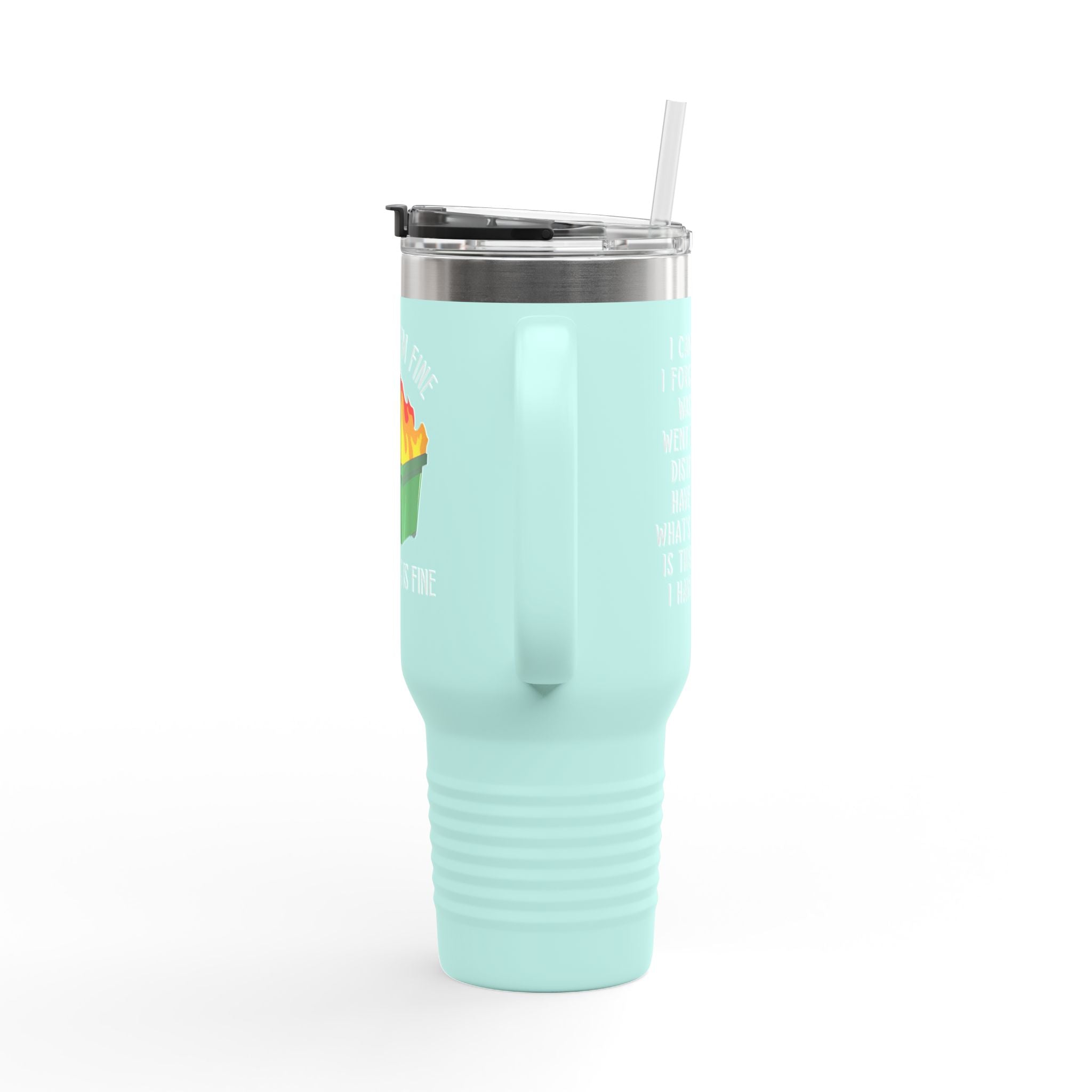 40oz Insulated Travel Mug — Cute Dumpster Fire Design (Funny Kawaii Hot Mess Tumbler)