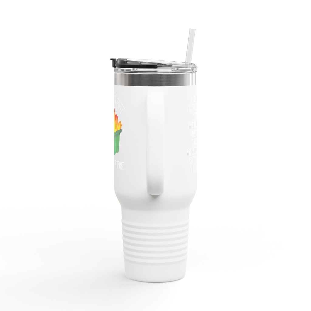 40oz Insulated Travel Mug — Cute Dumpster Fire Design (Funny Kawaii Hot Mess Tumbler)