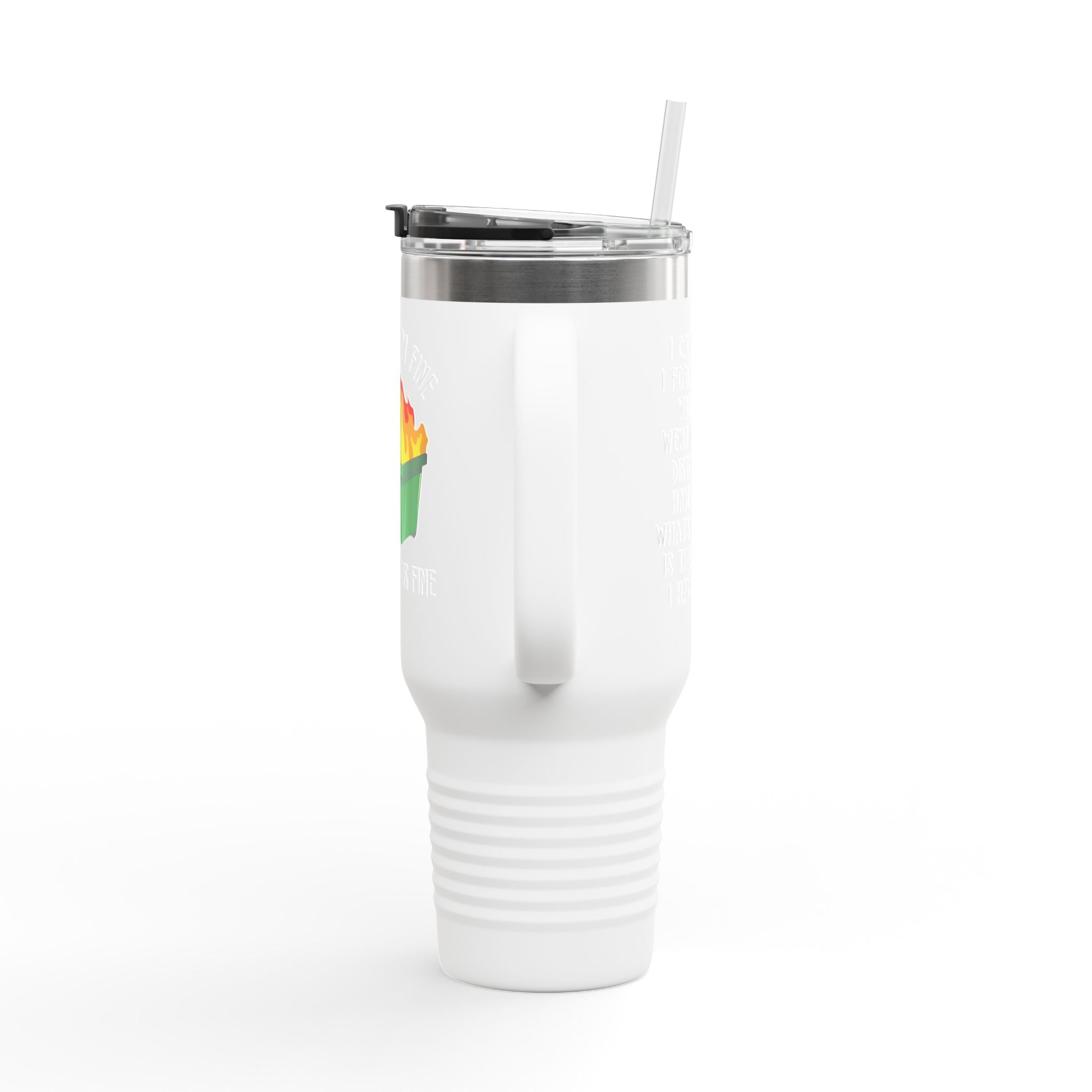 40oz Insulated Travel Mug — Cute Dumpster Fire Design (Funny Kawaii Hot Mess Tumbler)